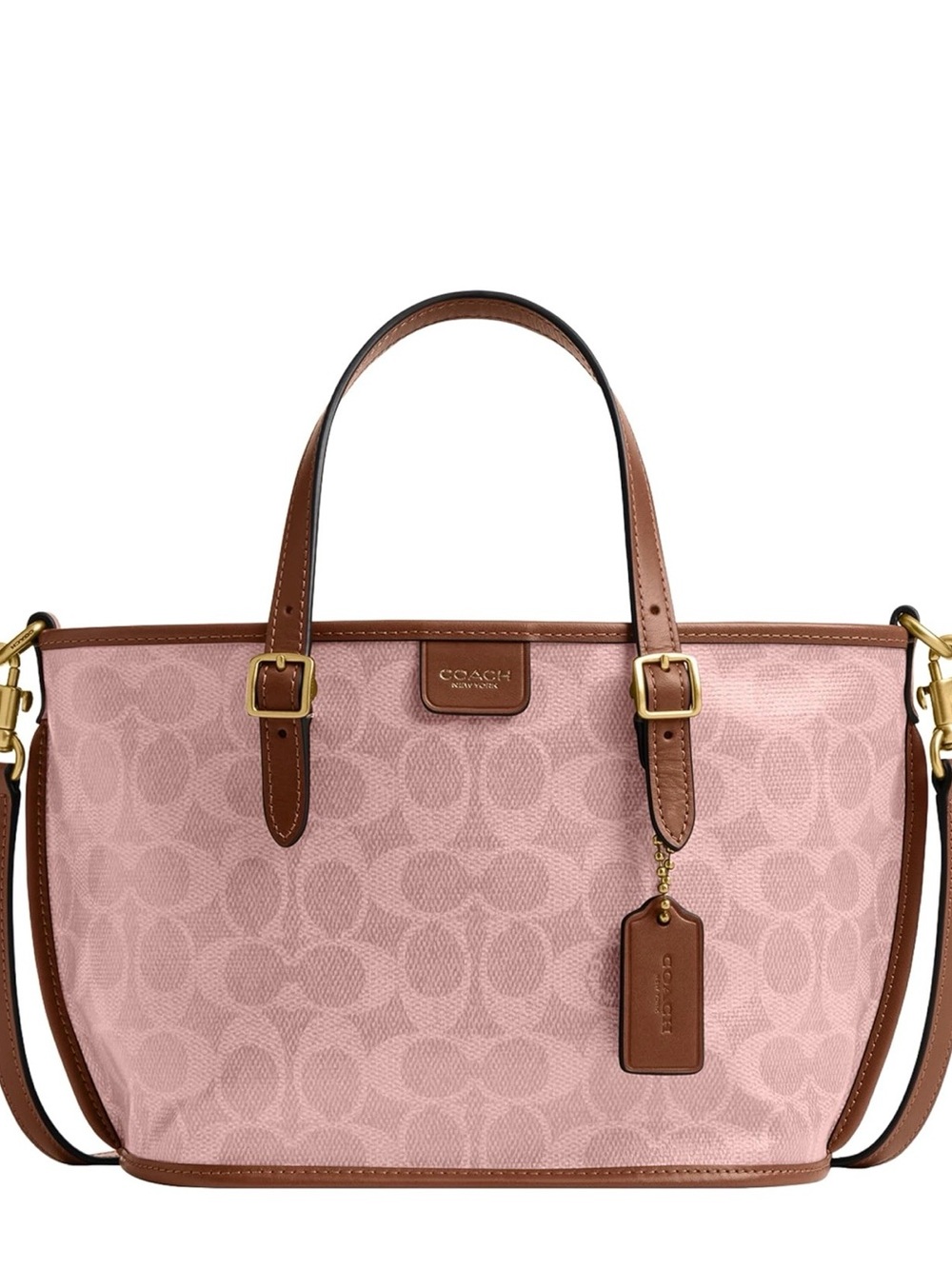 COACH Pink Signature Jacquard Tote with Brown Leather Trim
